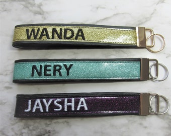 Name embroidered wristlet, keys, women gift, keychains for bags, wristlet keychains for wallets, for keys, personalized, name, embroidery