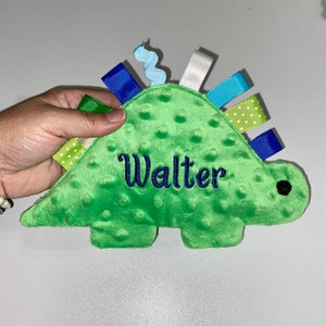 Personalized dinosaur baby crinkle and rattle toy.  Baby shower gift.  Name toy. Ribbon crinkle tag toy. Baby gift.