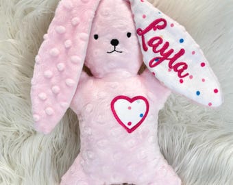 Personalized Easter Bunny Rattle – Soft Minky Plush Sensory Toy