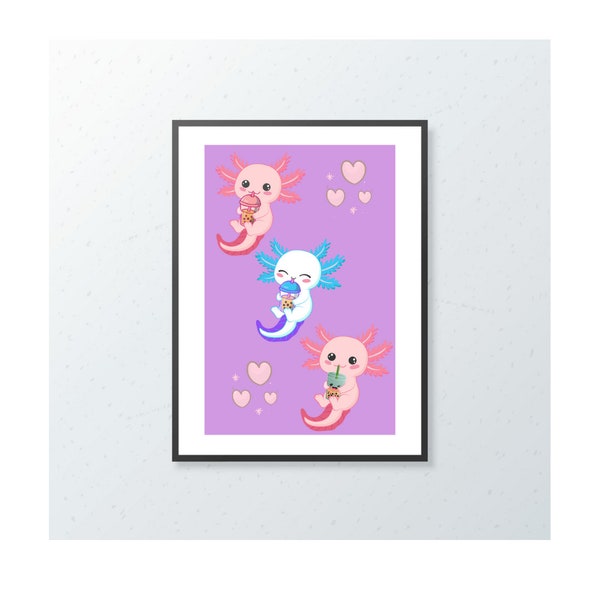 Kawaii Style Print, Bubble Tea Axolotl, Cute Gift, Feature Wall Print, Home Decor, Wall Art, A4, A5, A6