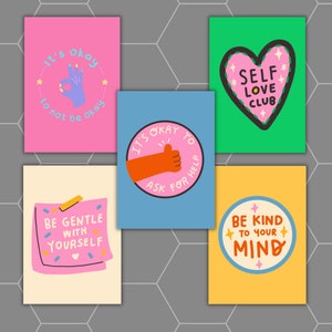 Cartões de afirmação de saúde mental, conjunto de 5, A5, arte de parede, parede de recursos, saúde mental positiva, ideia de presente