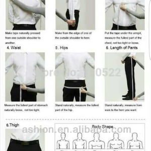 May include: A diagram showing how to measure different parts of the body for clothing, including shoulder to shoulder, sleeve length, chest, waist, hips, length of pants, and thigh. The diagram includes illustrations of a person standing and being measured with a tape measure. The diagram also includes a chart showing different body shapes and shoulder types.