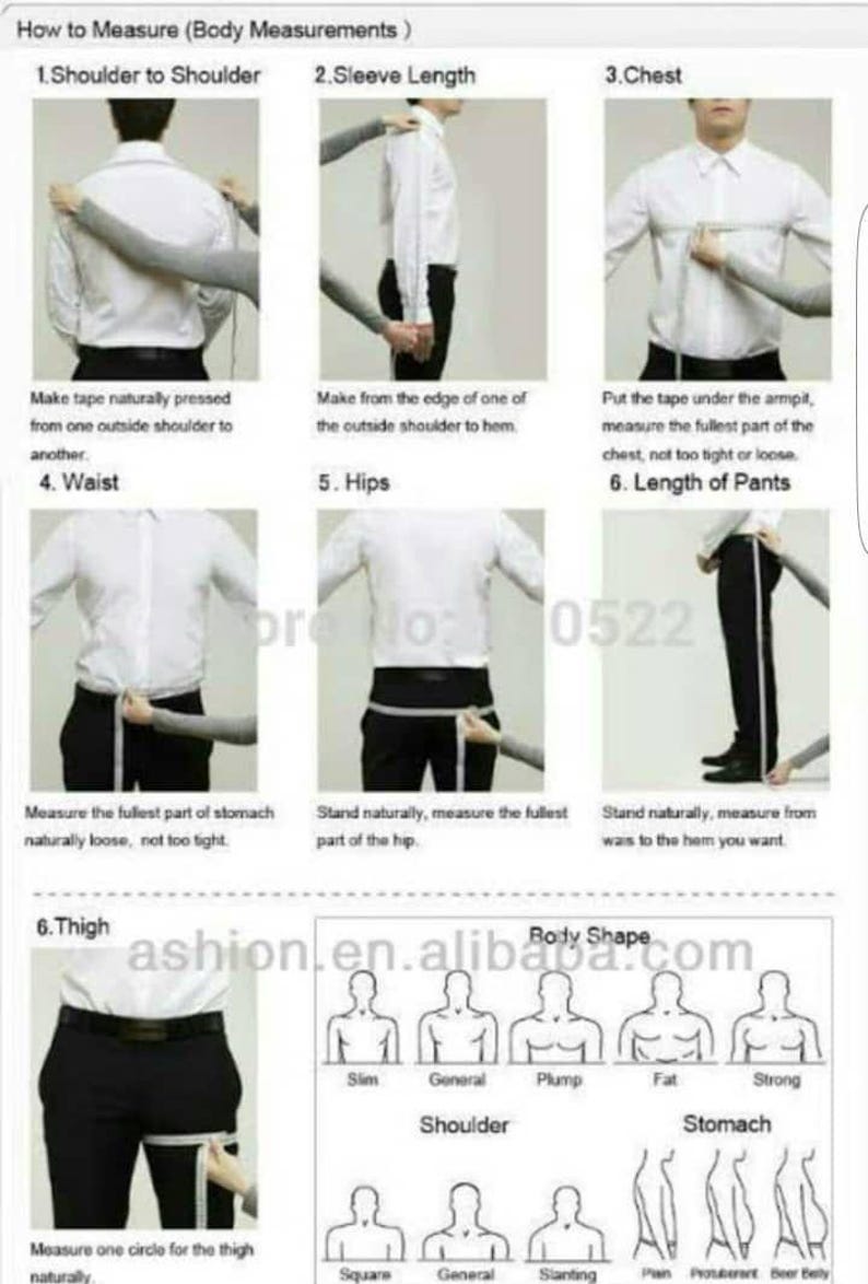 May include: A diagram showing how to measure different parts of the body for clothing, including shoulder to shoulder, sleeve length, chest, waist, hips, length of pants, and thigh. The diagram includes illustrations of a person standing and being measured with a tape measure. The diagram also includes a chart showing different body shapes and shoulder types.