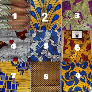 May include: Nine different fabric swatches with various patterns and colors. The swatches are numbered 1 through 9. The fabric patterns include geometric shapes, floral designs, and abstract patterns. The colors include yellow, blue, red, white, and black.
