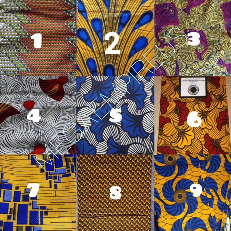 May include: Nine different fabric swatches with various patterns and colors. The swatches are numbered 1 through 9. The fabric patterns include geometric shapes, floral designs, and abstract patterns. The colors include yellow, blue, red, white, and black.