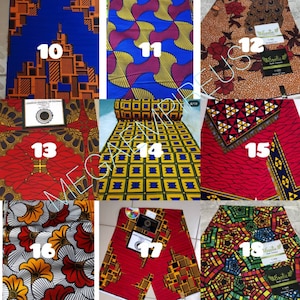 May include: A collection of 18 different fabric swatches with various geometric and floral patterns in bright colors like red, blue, yellow, and green. The swatches are numbered 10 through 18.