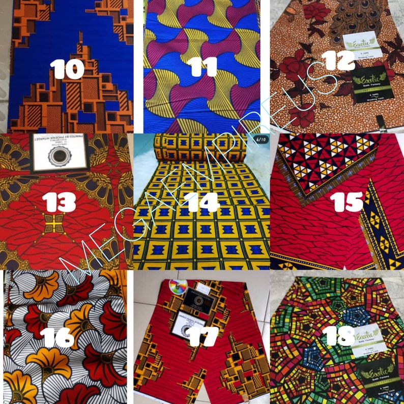 May include: A collection of 18 different fabric swatches with various geometric and floral patterns in bright colors like red, blue, yellow, and green. The swatches are numbered 10 through 18.