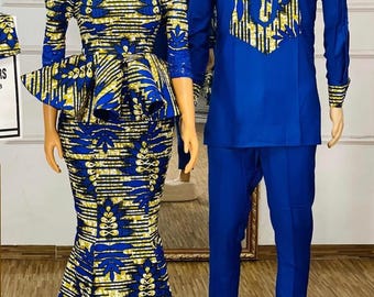 Blue African Print Matching Couple Outfits: Custom Attire