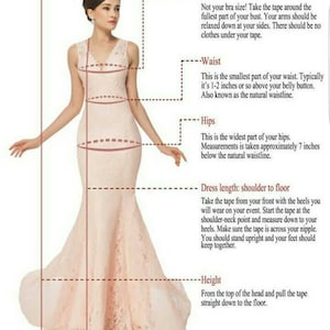 May include: Diagram showing how to measure bust, waist, hips, dress length, and height for a garment. The diagram shows a woman standing with a measuring tape around her body.