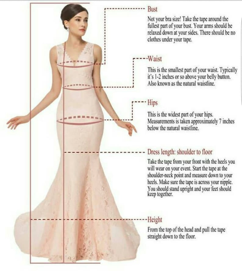 May include: Diagram showing how to measure bust, waist, hips, dress length, and height for a garment. The diagram shows a woman standing with a measuring tape around her body.