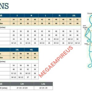 May include: A size chart for men's clothing with measurements in inches. The chart includes sizes for tops, bottoms, chest, waist, seat, and arm length. The chart also includes a diagram of a man's body with measurements for chest, waist, seat, and arm length.