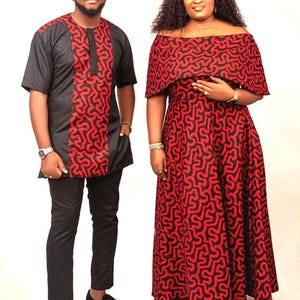 Red African Print Matching Couple Outfits: Custom Attire