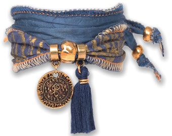 Wrap Bracelet Made from African Cotton Fabric with Small Hakuna Matata Coin | Blue and Gold Boho Ethno Lucky Bracelet | Little Blue Sky