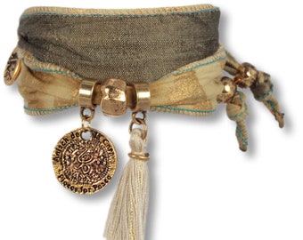 Wrap Bracelet Made from African Cotton Fabric with Small Hakuna Matata Coin | Golden Boho Ethno Lucky Bracelet | Little Golden Sun