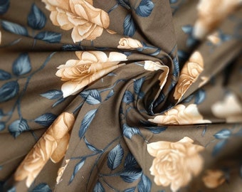 Tela con estampado floral, Tela con estampado de rosas, Algodón acolchado con rosas marrones y beige