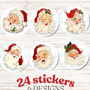 May include: Set of 24 round Christmas stickers featuring 6 different designs of vintage Santa Claus illustrations. Each sticker features a white background with snowflakes and a red-hatted Santa Claus with a white beard and mustache.
