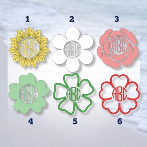 Könnte beinhalten: Sechs verschiedene Blumendesigns mit den Buchstaben ABC in einem Kreis in der Mitte. Die Blumen sind in Gelb, Weiß, Rosa, Grün, Grün und Rot.