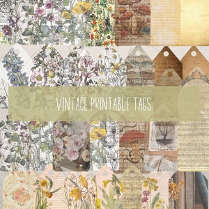 Printable Vintage Nature Ephemera Tags, Floral, Cottage Core, Journal, Scrapbook, Mushrooms, Shabby Chic, Vintage Flower Artwork, Paper Tags