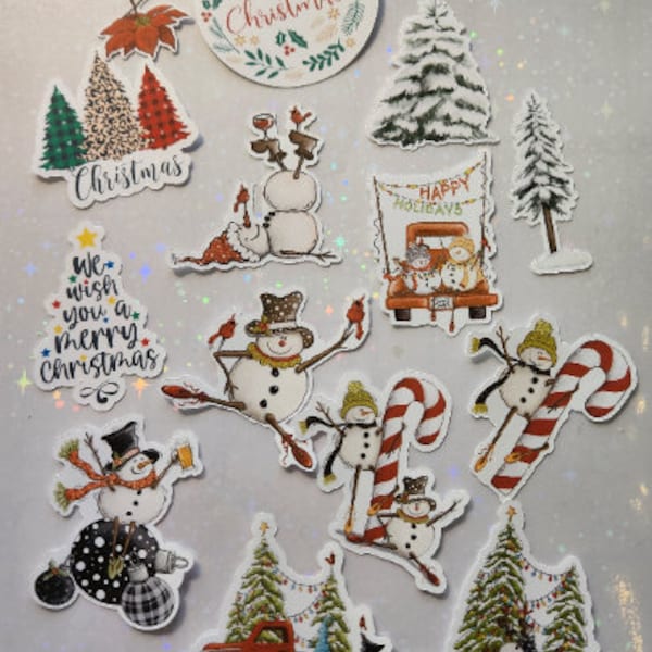 Christmas Journal Scrapbook Ephemera, 14 Die Cut Images, Snowmen, Candy Canes, Red Truck, Cottage Core, Shabby Chic, Printed Paper Images