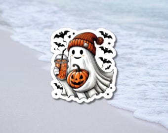 Kawaii Ghost Pumpkin Spice Coffee Sticker, Cute Fall Pumpkin Sticker, Autumn Decal, Gift For Halloween, Halloween Sticker, Ghost Lover