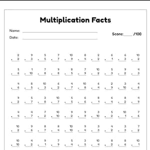 Peut inclure: Une feuille d'exercices éducative blanche intitulée Multiplication Facts avec des lignes vides pour le nom et la date, et un champ de score sur 100. La page contient dix rangées de dix multiplications, chacune avec deux nombres à multiplier.
