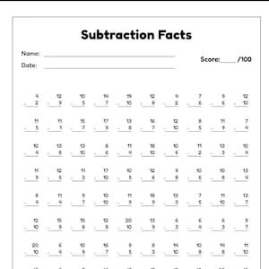 Może przedstawiać: Czarno-biały arkusz edukacyjny zatytułowany Subtraction Facts z polami na imię, datę i wynik w skali do 100. Strona zawiera dziesięć rzędów po dziesięć pionowych zadań z odejmowania, z których każde składa się z dwóch liczb i poziomej linii.