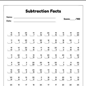 Op de afbeelding: Een zwart-wit educatief werkblad getiteld Subtraction Facts met velden voor naam, datum en score uit 100. De pagina bevat tien rijen van tien verticale aftreksommen met getallen variërend van 7 tot 22 die door leerlingen kunnen worden opgelost.