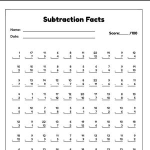 Op de afbeelding: Een zwart-wit educatief werkblad getiteld Subtraction Facts, met tien rijen van elk tien aftreksommen. De pagina bevat lege regels voor een naam, datum en een score van 100, gedrukt in een duidelijk, schreefloos lettertype.