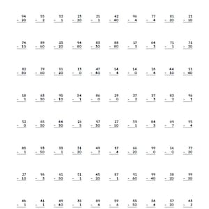 May include: A black and white educational worksheet titled Speed Drill: No Borrowing, featuring ten rows of ten subtraction problems. Each problem is presented vertically with two-digit numbers, designed for math practice and speed testing.