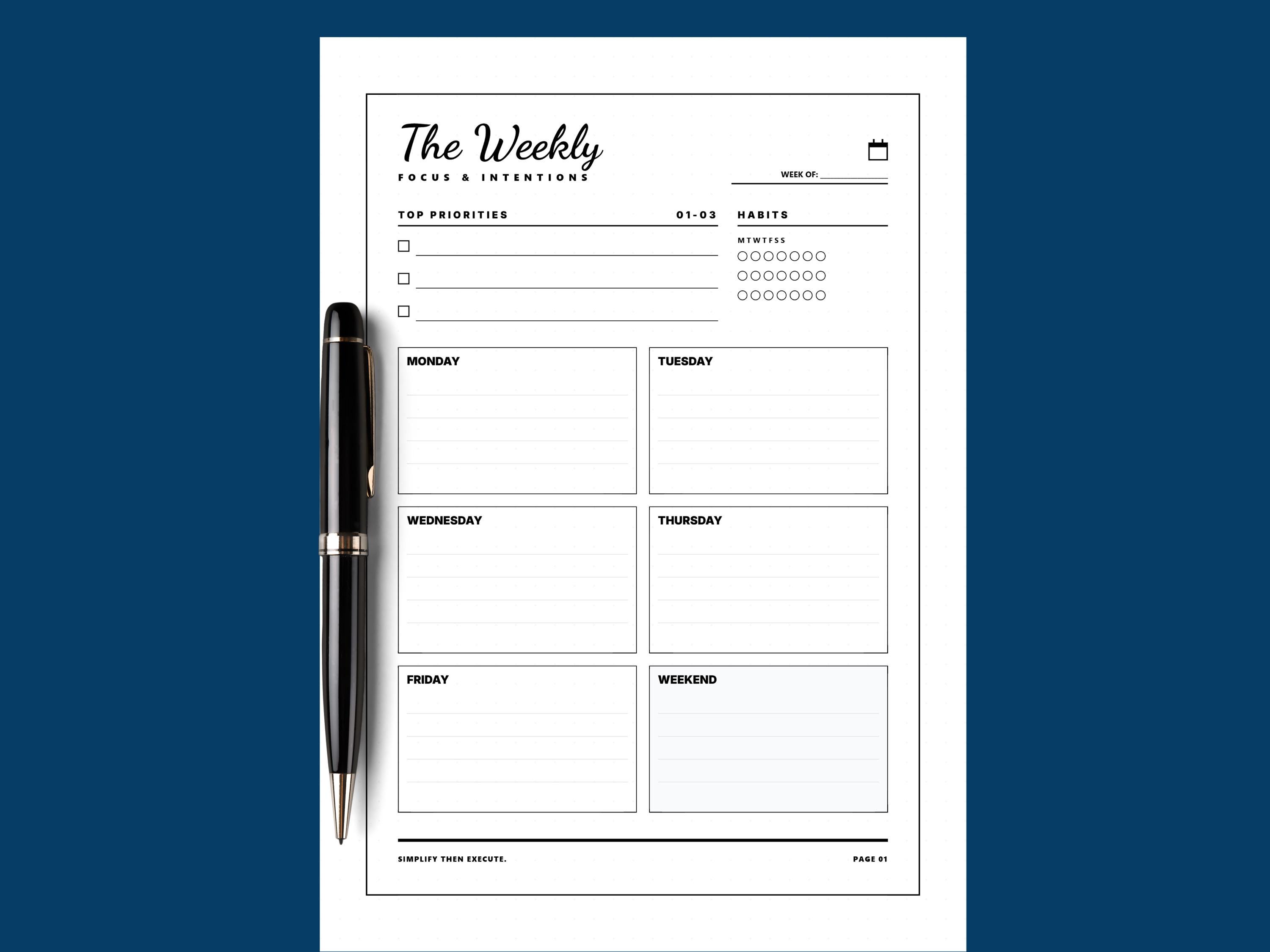 Weekly Writing Focus Weekly Planner Printable, Weekly Focus, Weekly Intent, Habit Tracker ...