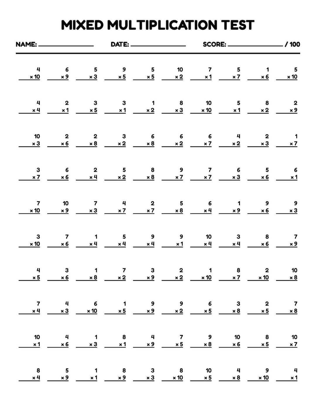 Sample Multiplication Table Project Multiplication Facts 1-12 Printable, Times Tables Study Sheets ...