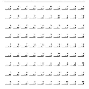 May include: A black and white printed worksheet titled Mixed Multiplication Test. The document features ten rows of ten multiplication problems, each with a blank line for the answer. Fields for name, date, and score out of 100 are at the top.