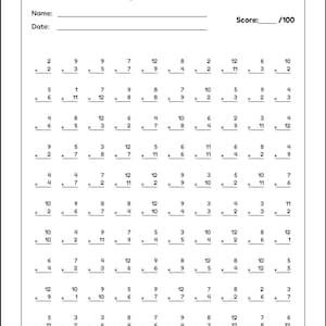 May include: A black and white worksheet titled "Multiplication Facts" with fill-in-the-blank lines for name and date. The worksheet contains multiplication problems with space to write the answers. A score box is in the top right corner.