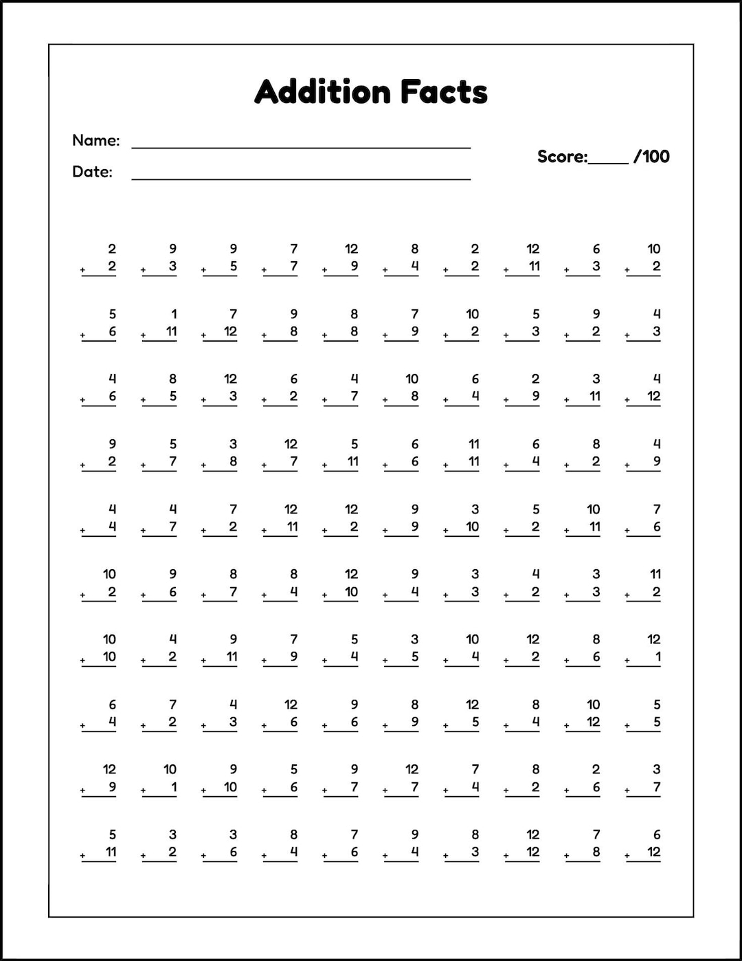 Printable 1-12 Addition Table, Addition Chart, and 1-12 Addition ...