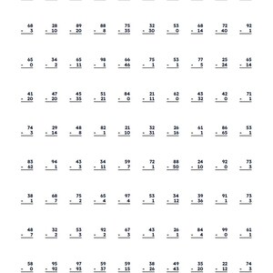 May include: A black and white educational worksheet titled Speed Drill: Double Digit Subtraction. The page features ten rows of ten double-digit subtraction problems, with blank lines for a name and a score out of 100 at the top of the page.
