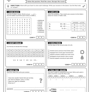 May include: A black and white printable escape room game sheet featuring six distinct puzzles including a word search, math lock, secret message, puzzle pieces, riddle time, and a final code section with instructions to solve and escape the room.