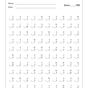 Puede incluir: Una hoja de ejercicios educativa en blanco y negro titulada Addition Facts con líneas para el nombre y la fecha, un campo de puntuación sobre 100 y una cuadrícula de 100 sumas verticales con números de uno y dos dígitos para practicar.