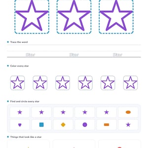 May include: A printable educational worksheet titled Back to School Bundle, Shapes - Star, for ages 3-4. It features purple star outlines to trace, color, and identify, along with a section to find and circle stars among other shapes and objects.