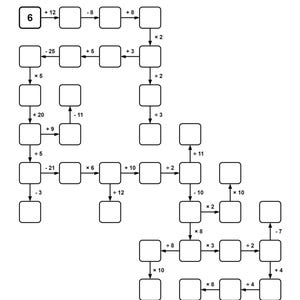 Può includere: Un foglio di lavoro educativo in bianco e nero intitolato Number Snake No. 1. La pagina presenta una serie di quadrati arrotondati vuoti interconnessi che formano un percorso, con il numero 6 nella prima casella e varie operazioni matematiche.