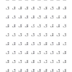 May include: A black and white printable worksheet titled Speed Drill: Double Digit Addition with blank lines for Name and Score. The page contains ten rows of ten vertical addition problems featuring two-digit numbers to be solved by the student.