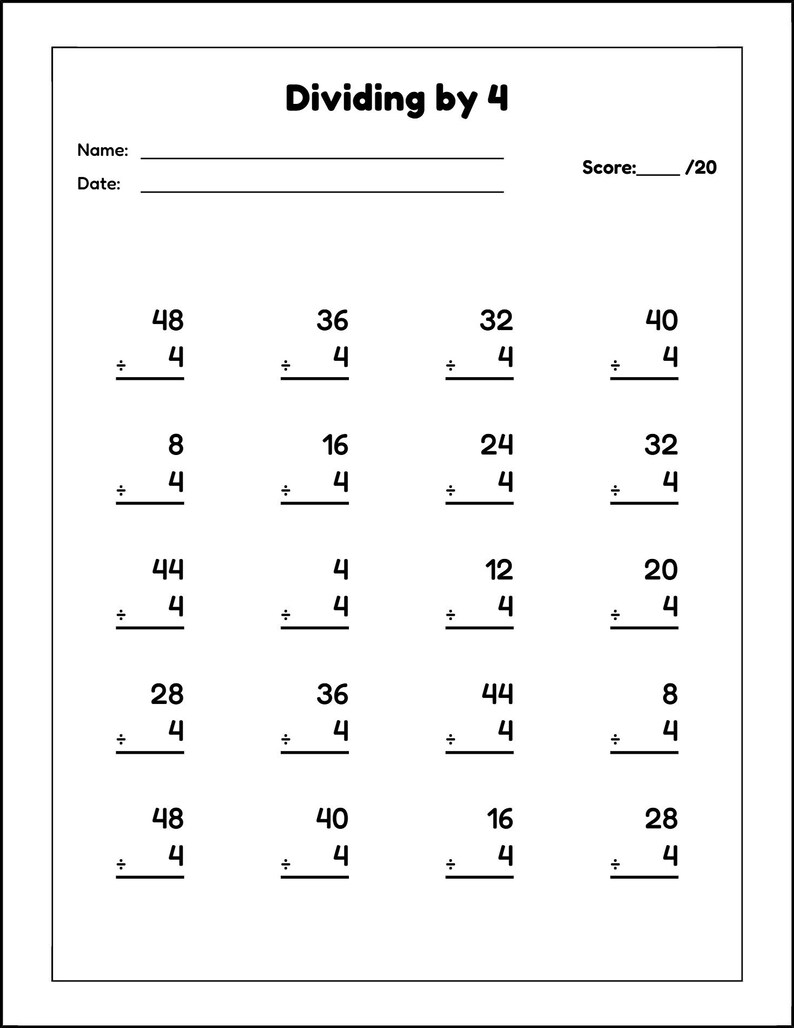 Twenty Math Problems Plus Printable 1-12 Division Table, Division Chart, and 1-12 Division ...