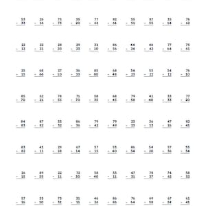 May include: A black and white Speed Drill: Subtraction Fluency worksheet featuring ten rows of ten subtraction problems each. The header includes fields for Name and Score out of 100. The document is printed in a clear, sans-serif font on a white background.