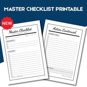 Master Checklist printable template, Task Queue, High Priority, Focus Discipline, Secondary Tasks, Brain Dump, Action List, instant download