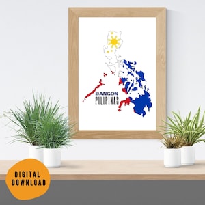 Könnte beinhalten: Ein digitaler Download eines druckbaren Posters mit einer Karte der Philippinen in den Farben der philippinischen Flagge. Der Text "Bangon Pilipinas" ist in schwarzen Buchstaben auf dem Poster geschrieben.
