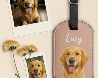 Custom Leather dog Luggage Tag, Personalized Pet Photo Tag, cat face Name Travel Accessory, Pet Lover Gift for Dog Owners, Graduation Gift