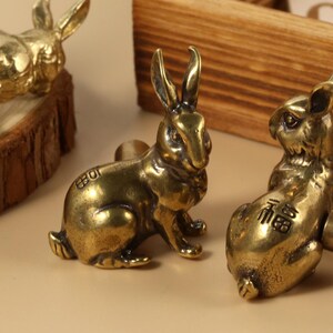 May include: Gold-coloured brass rabbit figurines with a threaded post for attachment. The rabbits are in various poses, some with Chinese characters. The figurines are detailed and suitable for decorative purposes.