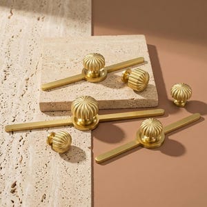 Solid Brass Knobs with back plate, long Gold Dresser Knob, pumpkin Cabinet Pull, unique drawer handle