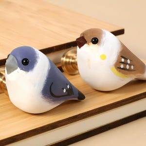 May include: Two decorative bird-shaped cabinet knobs. One is blue and white, the other is brown, white, and yellow. Both have black eyes and are mounted on brass hardware. They are set on a light-colored wooden surface.