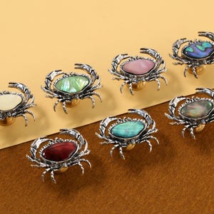 Abalone Shell Crab Cabinet Knob, Vintage Silver Crab Drawer Pull, Coastal Nautical Furniture Hardware, Beach House Decor