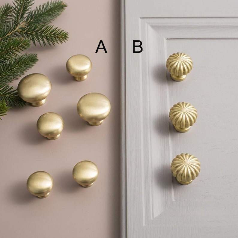 Solid Brass Knobs with back plate, long Gold Dresser Knob, pumpkin Cabinet Pull, unique drawer handle image 3
